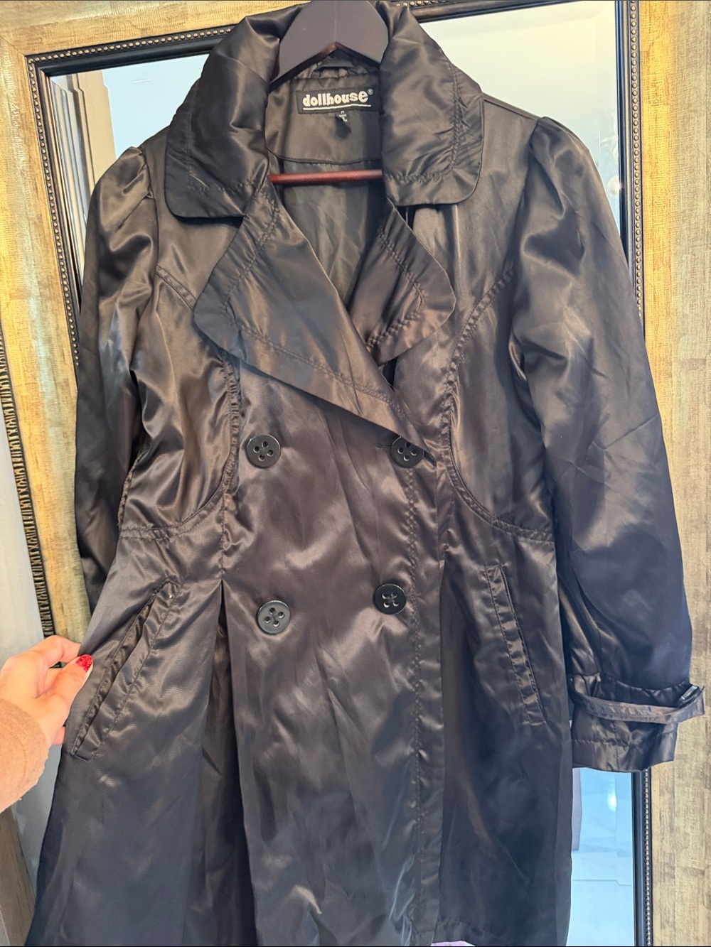 Dollhouse Black Double-Breasted Satin Trench Coat
